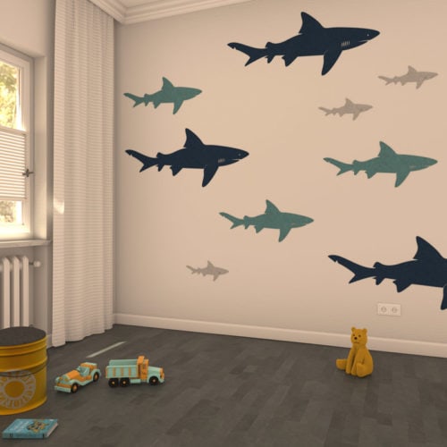 felty Filz Figur zur Wandgestaltung Wohnraum Modell Tier Sharky Farb- und Größenkombination Kinderzimmer Szene 01